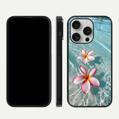 Floating Bloom Bliss Glass Case for iPhone 16 Pro dual-view layout displaying soft pastel flowers and curved glass