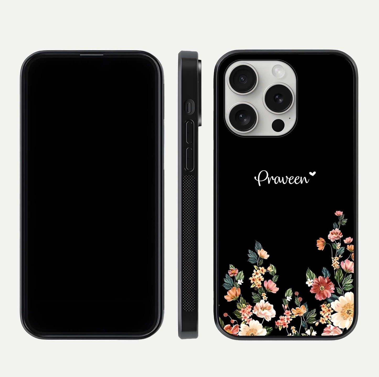 Floral Design Personalized Custom Name Glass Case for iPhone 16 Pro dual-view layout displaying artistic tones and curved finish