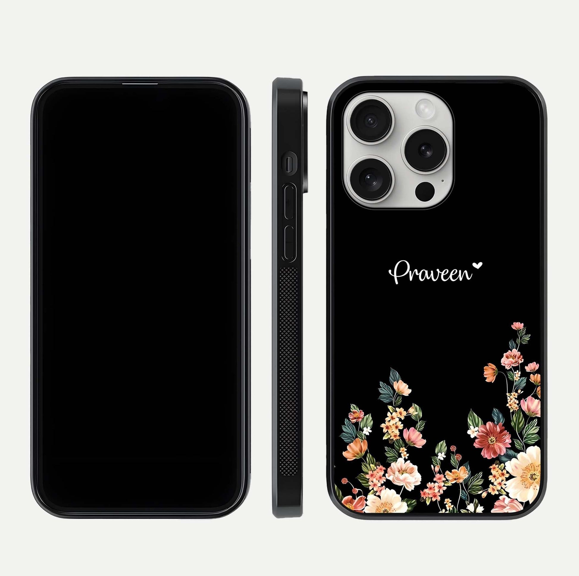 Floral Design Personalized Custom Name Glass Case for iPhone 16 Pro dual-view layout displaying artistic tones and curved finish