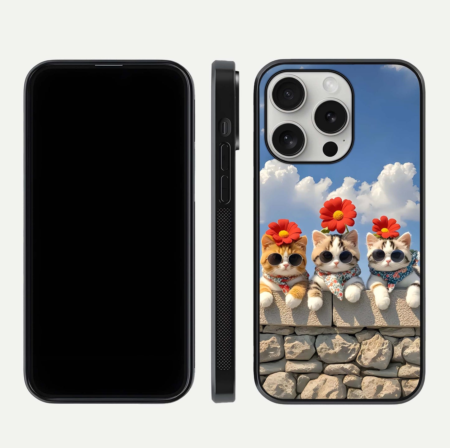 Floral Kitty Squad Glass Case for iPhone 16 Pro dual-view layout displaying vibrant tones and smooth edges