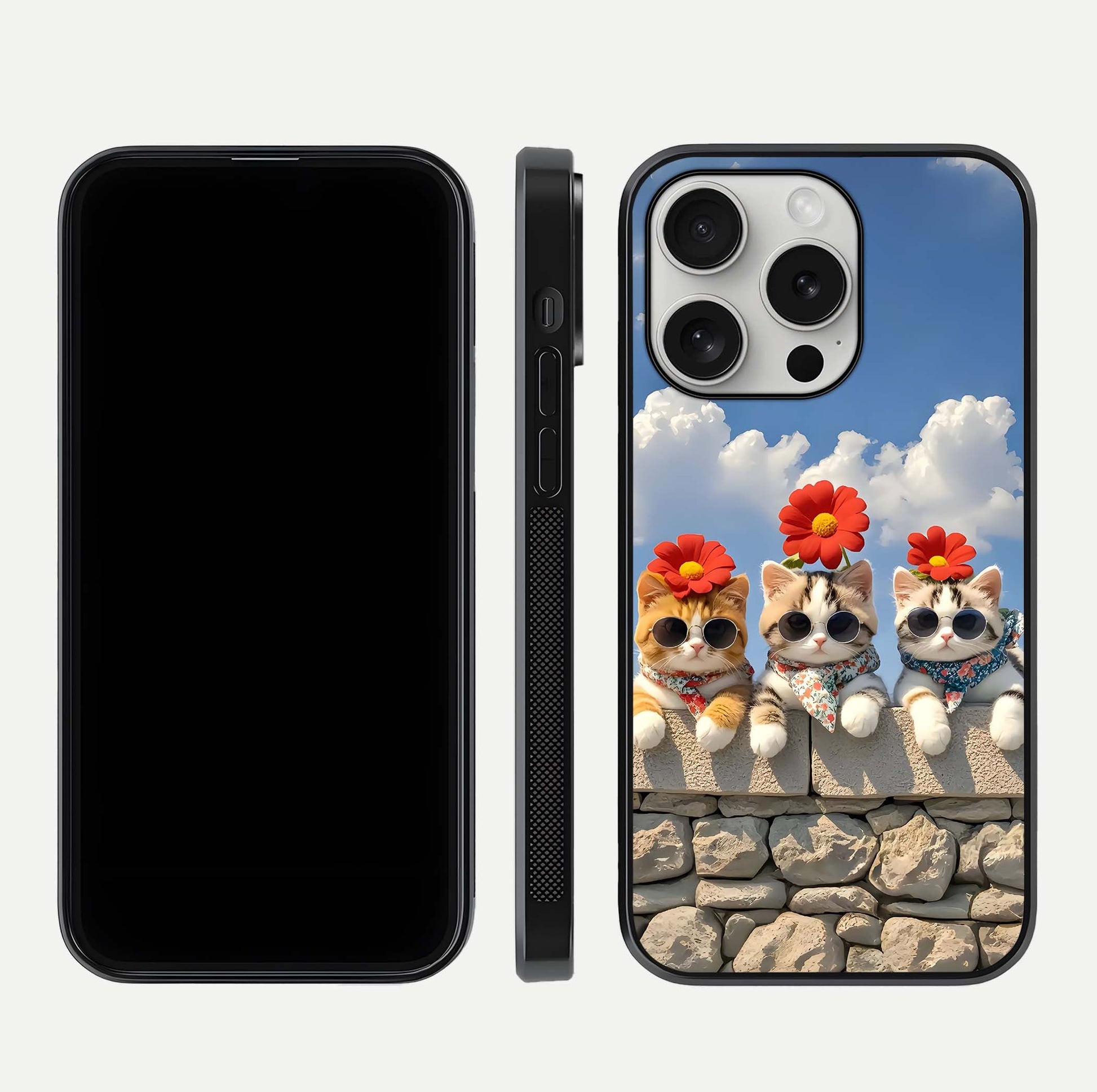 Floral Kitty Squad Glass Case for iPhone 16 Pro dual-view layout displaying vibrant tones and smooth edges