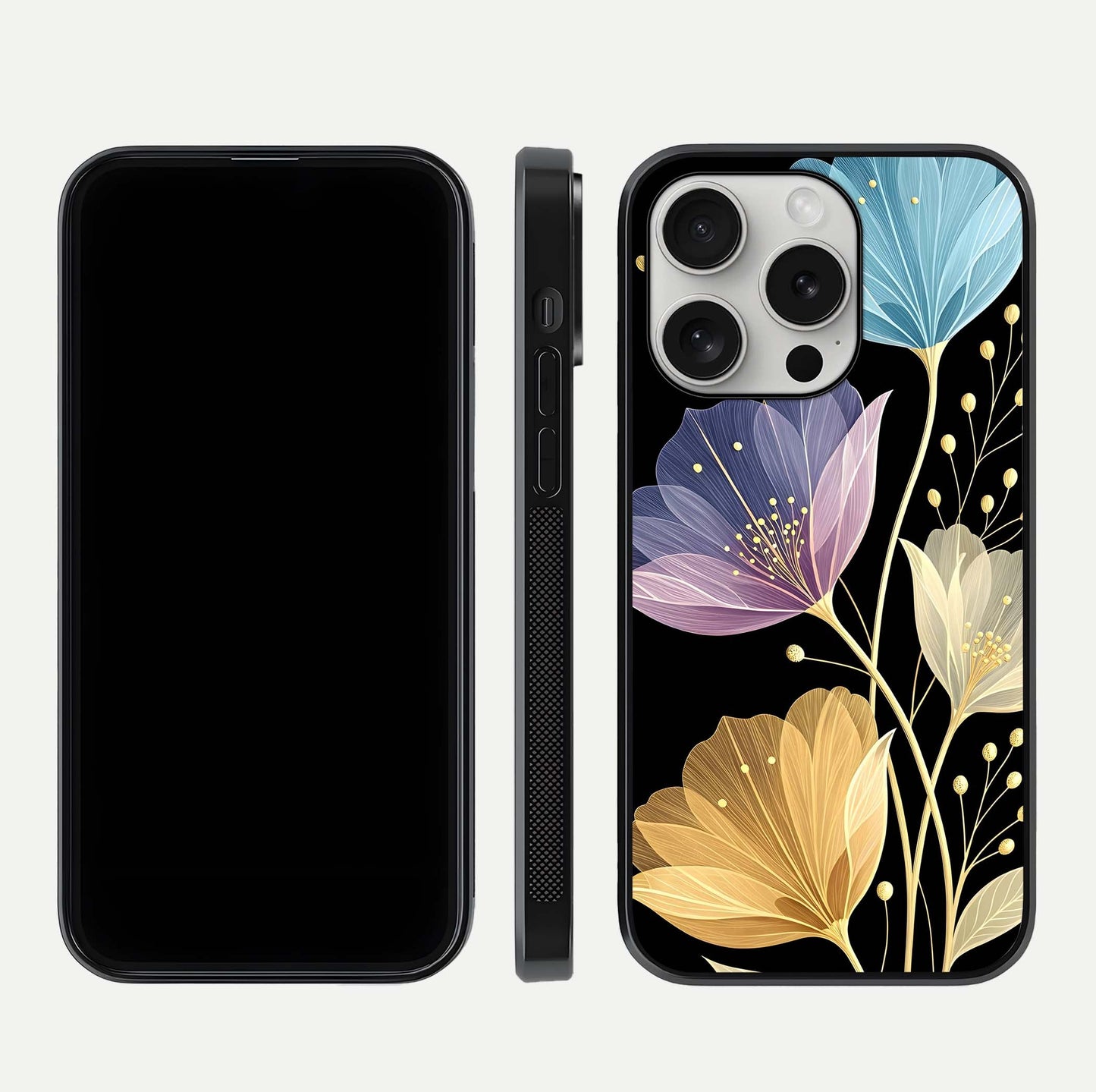Flower Bloom Glow Glass Case for iPhone 16 Pro dual-view layout displaying petal tones and curved glass edge