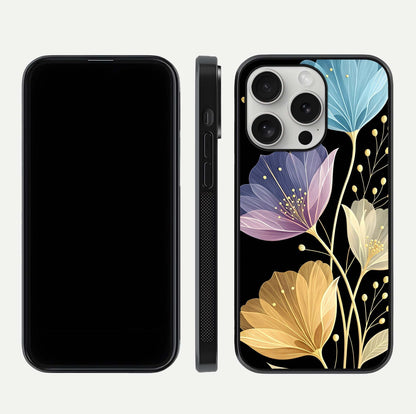 Flower Bloom Glow Glass Case for iPhone 16 Pro dual-view layout displaying petal tones and curved glass edge