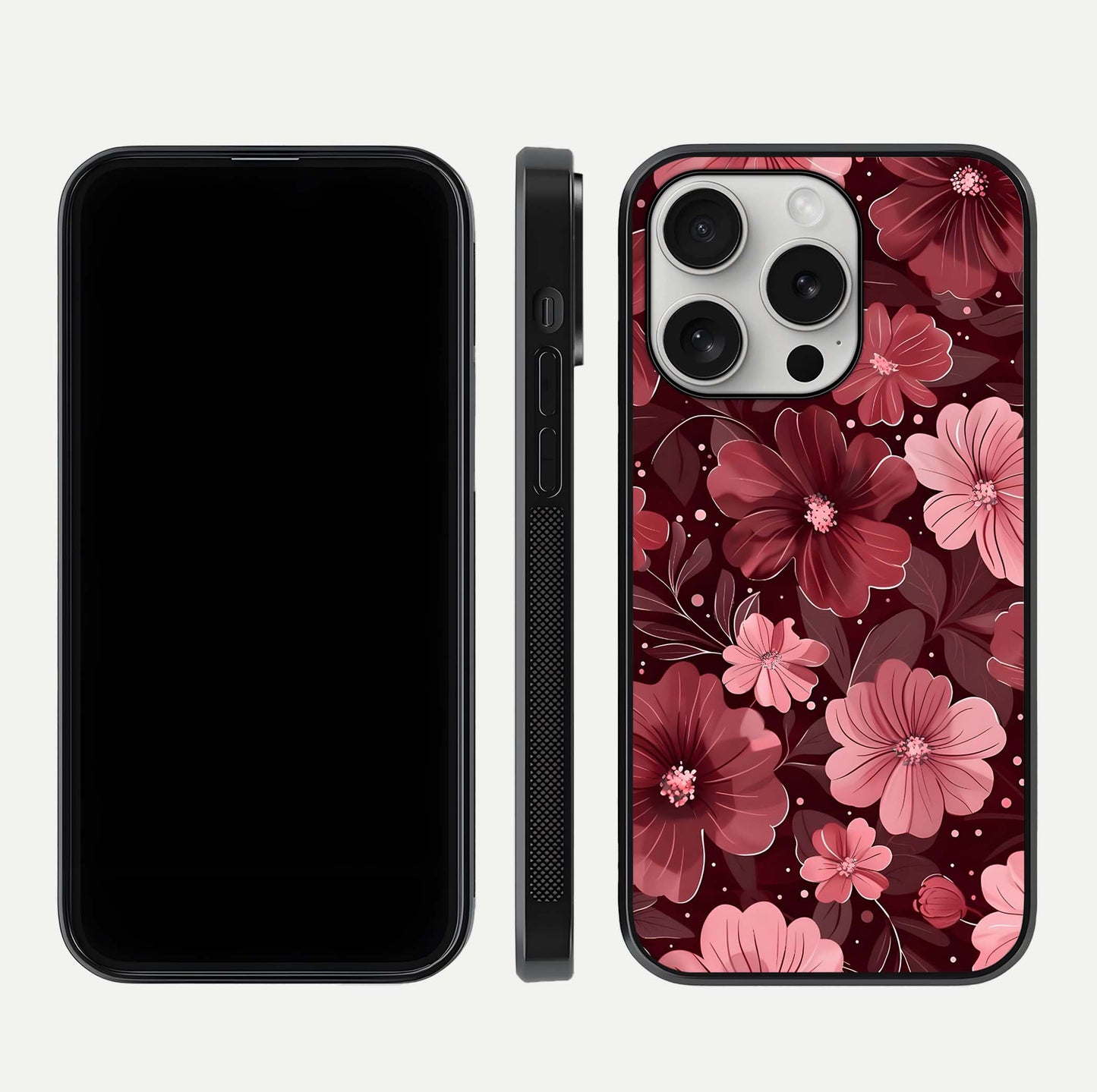 Flower Blush Bloom Glass Case for iPhone 16 Pro dual-view layout displaying HD print and smooth curves