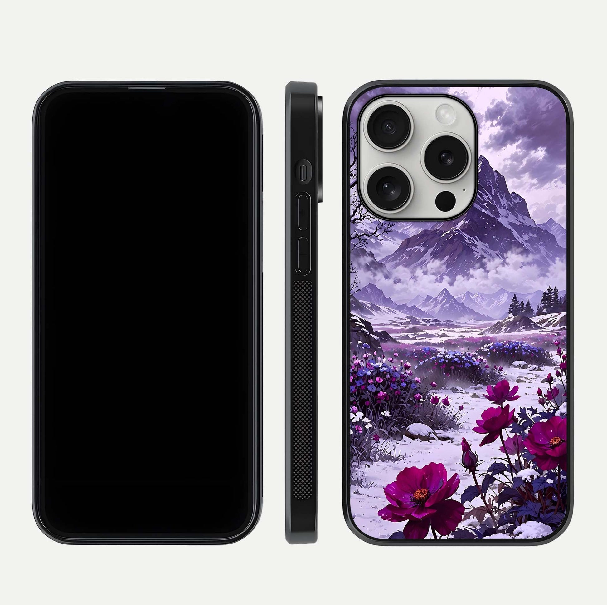 Flower Mountain View Glass Case for iPhone 16 Pro dual-view layout displaying scenic tones and curved glass finish