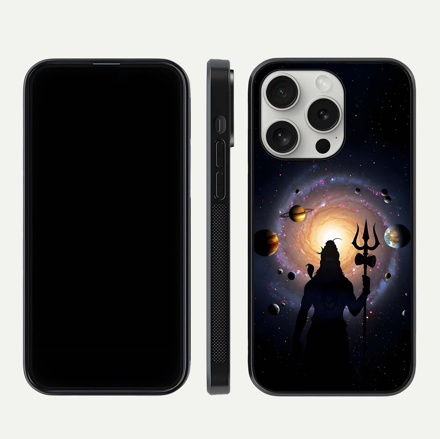 Galactic Shiva Vision Glass Case for iPhone 16 Pro front and back view layout showing celestial background and polished curved glass