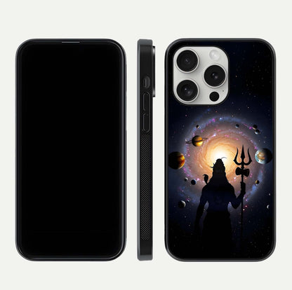 Galactic Shiva Vision Glass Case for iPhone 16 Pro front and back view layout showing celestial background and polished curved glass