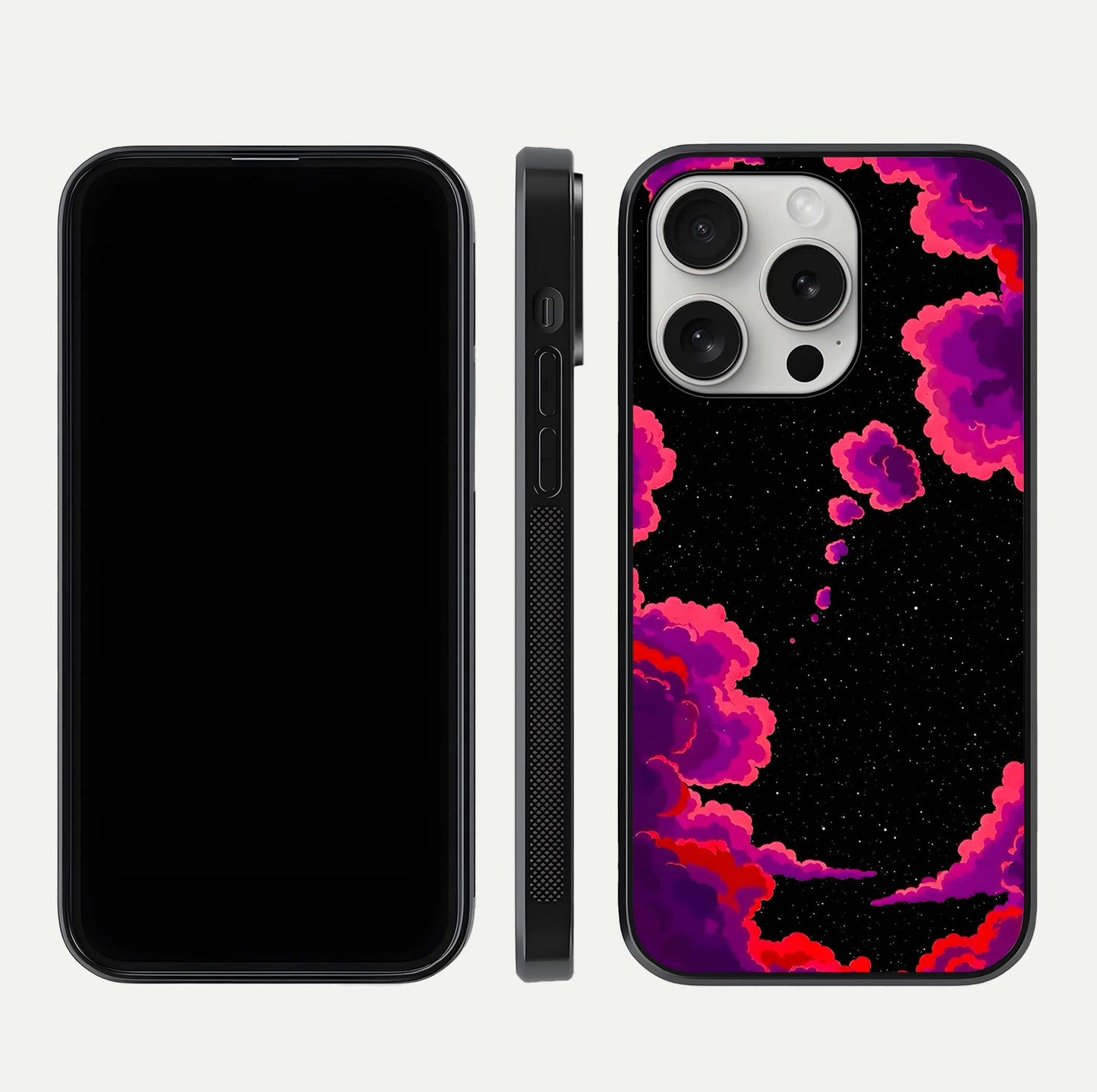 Galaxy Dream Frame Glass Case for iPhone 16 Pro front and back view layout highlighting cosmic design and smooth glass curvature