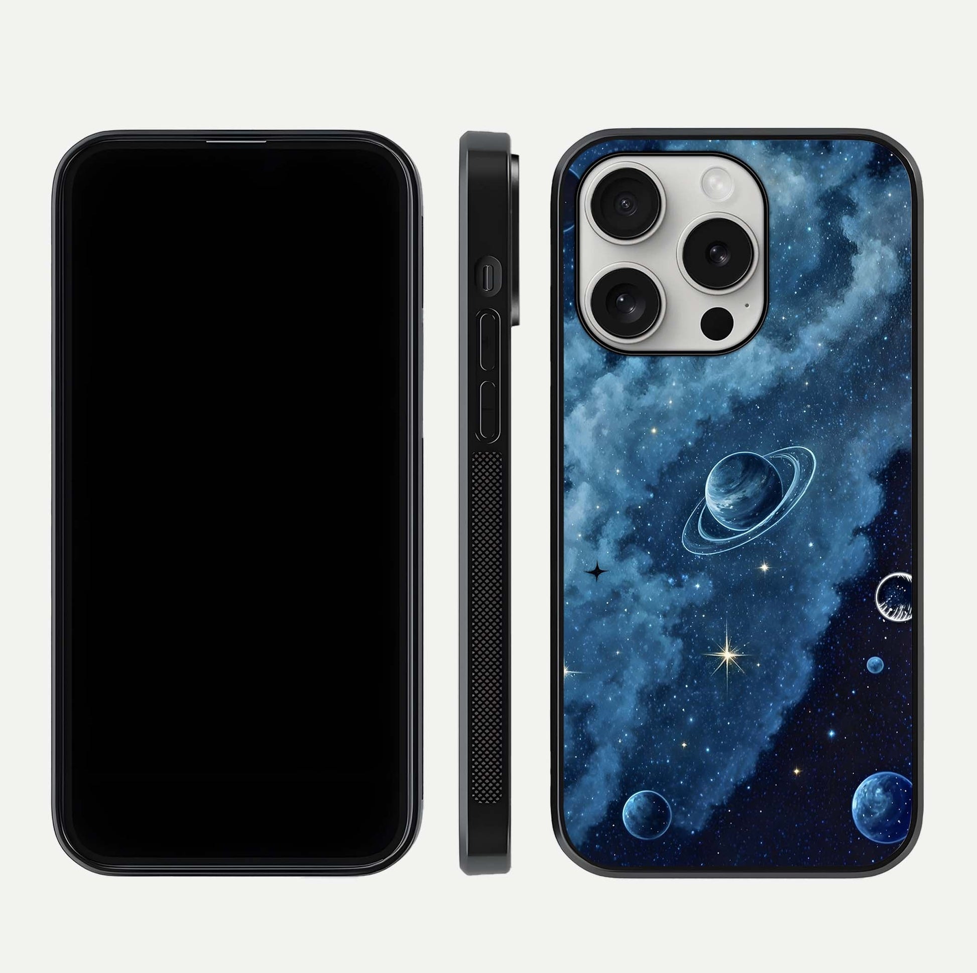 Galaxy Dream Space Glass Case for iPhone 16 Pro front and back view layout showing deep-space tones and curved edges