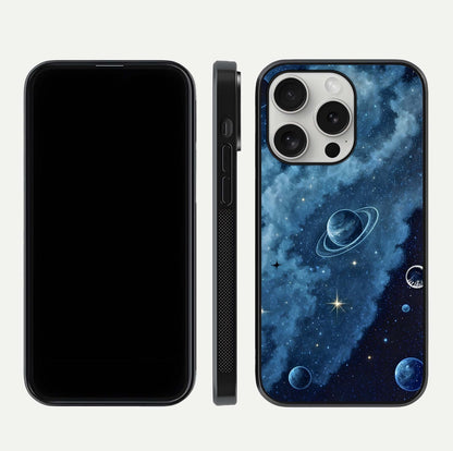 Galaxy Dream Space Glass Case for iPhone 16 Pro front and back view layout showing deep-space tones and curved edges