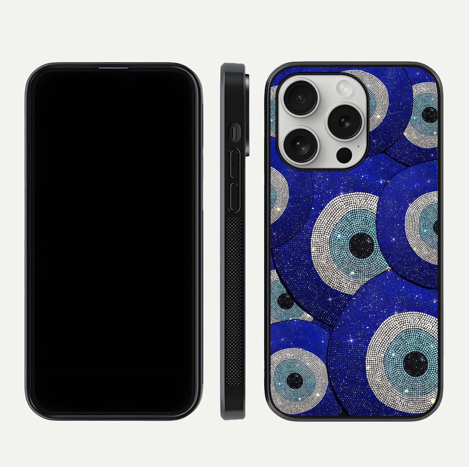 Galaxy Eye Flow Glass Case for iPhone 16 Pro front and back view layout displaying cosmic art and curved glass borders