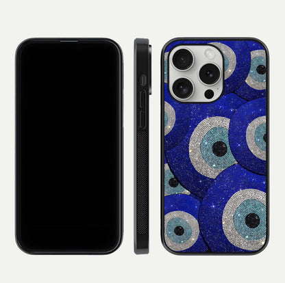 Galaxy Eye Flow Glass Case for iPhone 16 Pro front and back view layout displaying cosmic art and curved glass borders