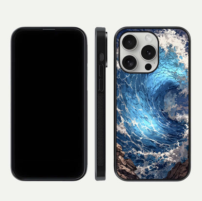 Giant Ocean Wave Glass Case for iPhone 16 Pro front and back view layout displaying sea tones and smooth curved edges