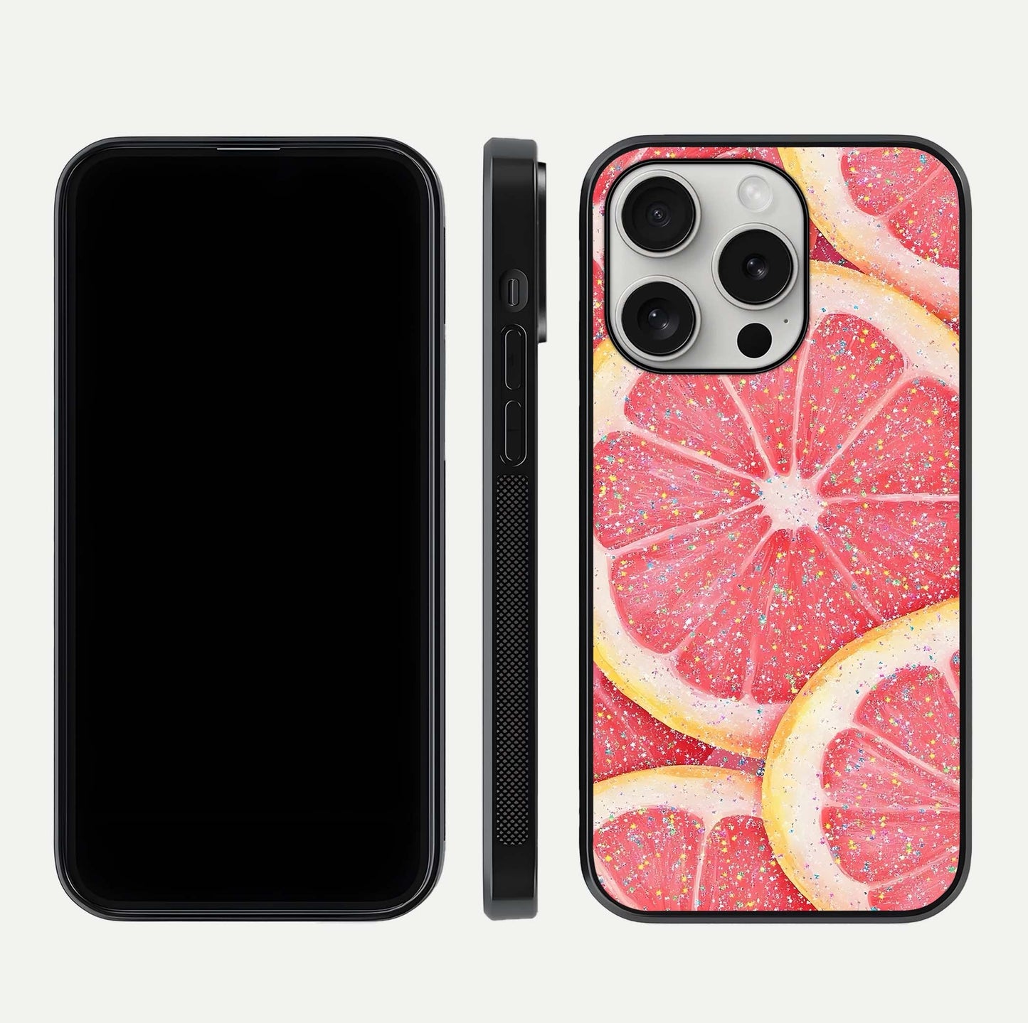 Glitter Grapefruit Glass Case for iPhone 16 Pro front and back view layout highlighting citrus hues and smooth glass