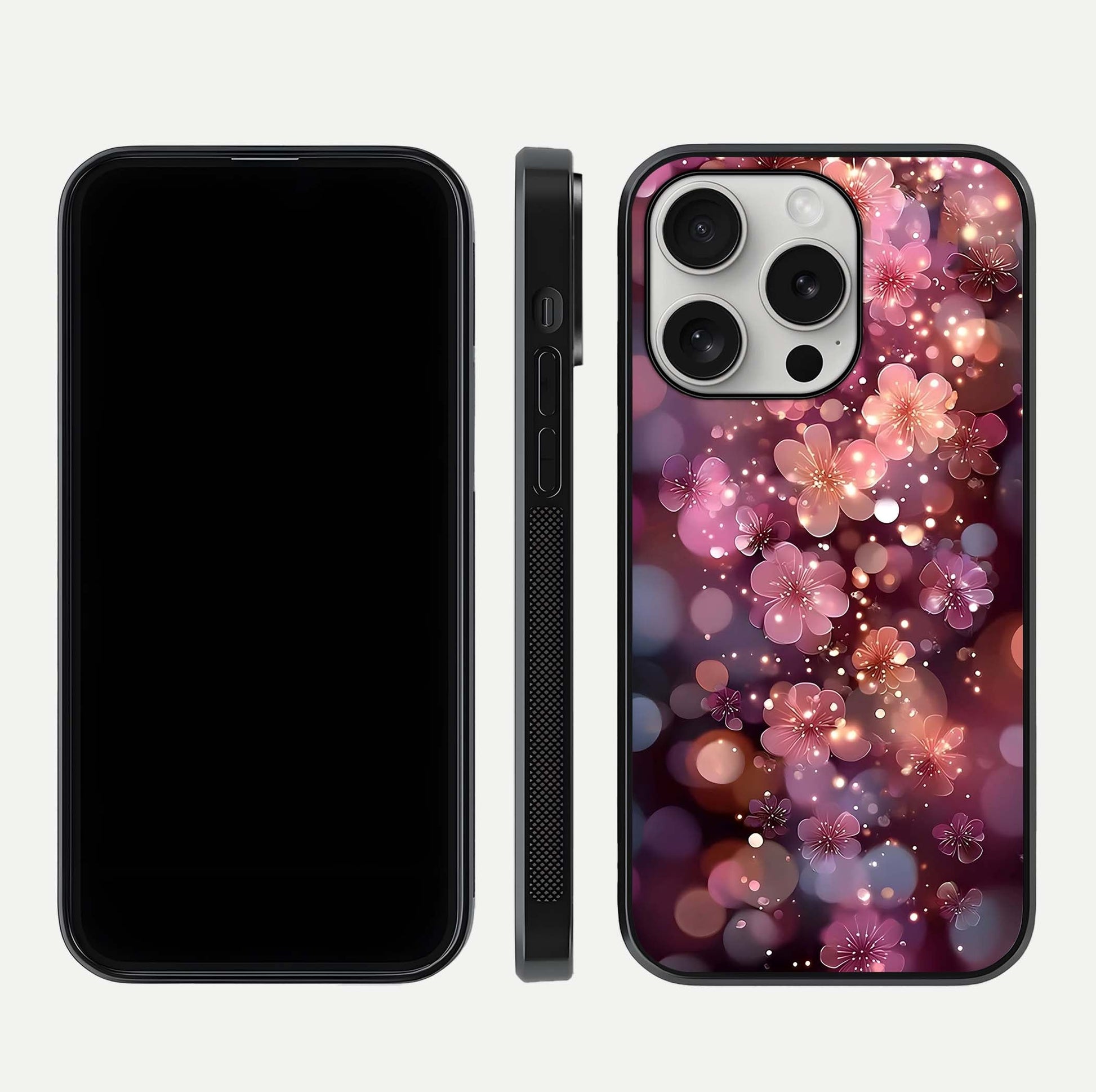 Glowing Petal Bliss Glass Case for iPhone 16 Pro front and back view layout displaying artistic floral design and curved glass