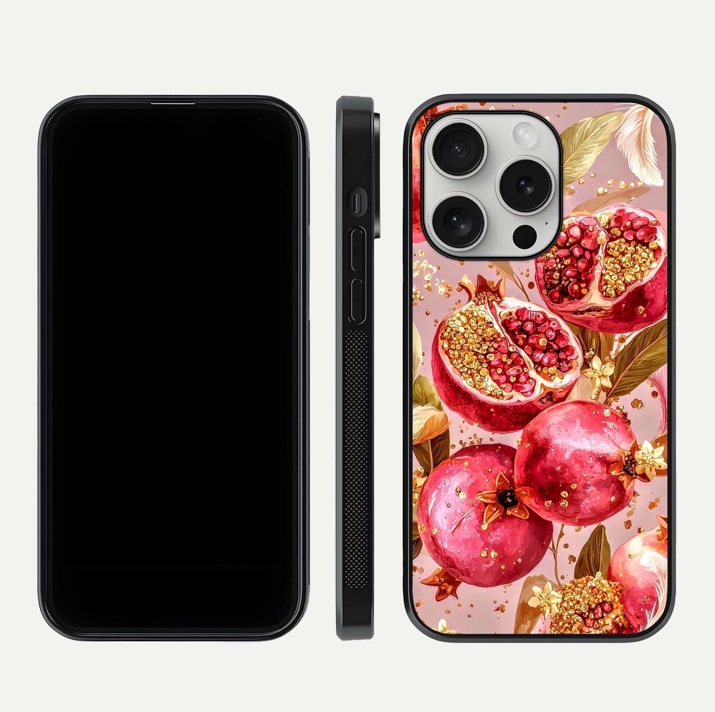 Golden Bloom Glow Glass Case for iPhone 16 Pro front and back view layout highlighting luxury floral pattern and curved edges