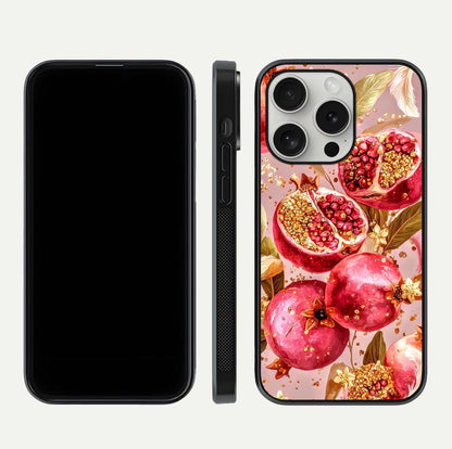 Golden Bloom Glow Glass Case for iPhone 16 Pro front and back view layout highlighting luxury floral pattern and curved edges