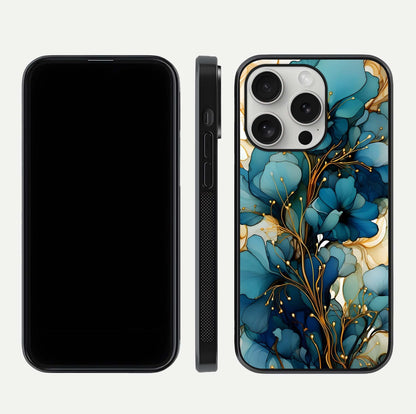 Golden Bloom Symphony Glass Case for iPhone 16 Pro front and back view layout highlighting rich floral tones and curved glass edges