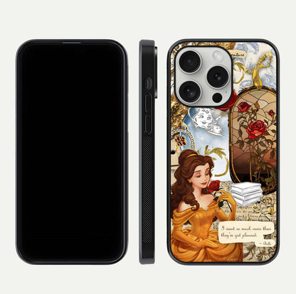 Golden Dream Belle Glass Case for iPhone 16 Pro front and back view layout displaying dreamy golden theme and smooth curvature