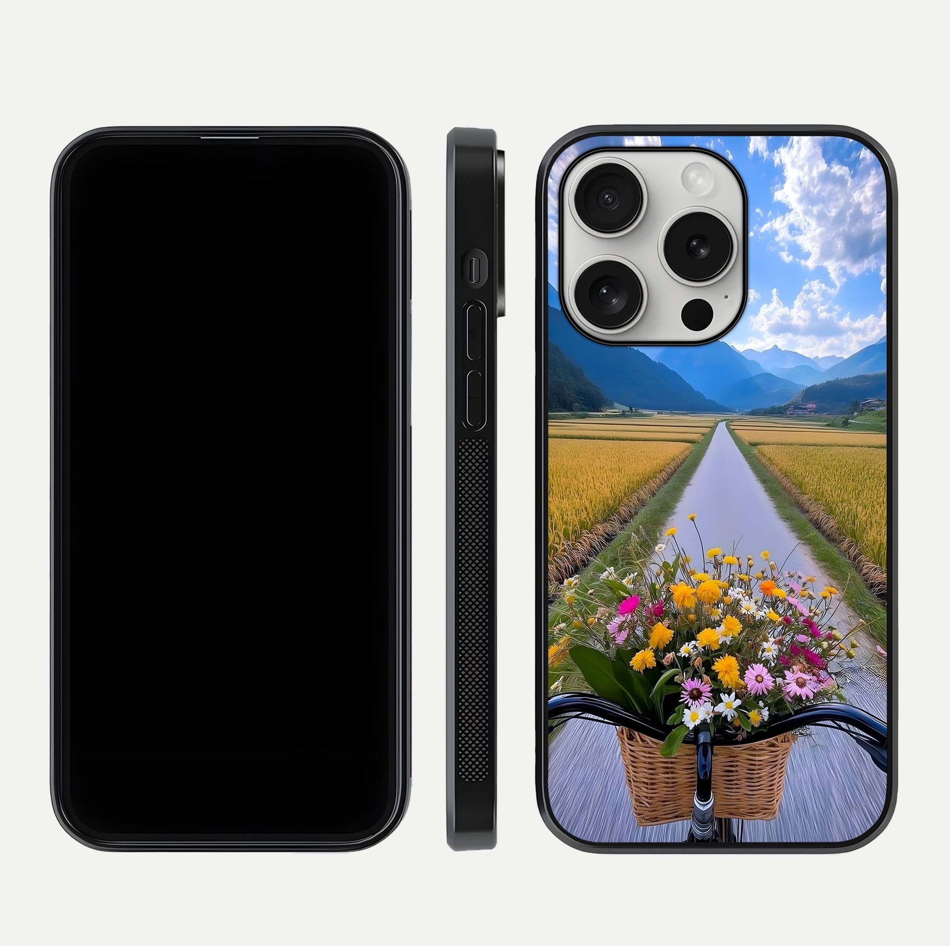 Golden Field Journey Glass Case for iPhone 16 Pro front and back view layout highlighting natural gradient and smooth glass finish