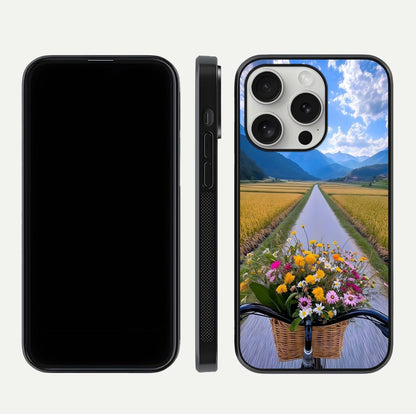 Golden Field Journey Glass Case for iPhone 16 Pro front and back view layout highlighting natural gradient and smooth glass finish