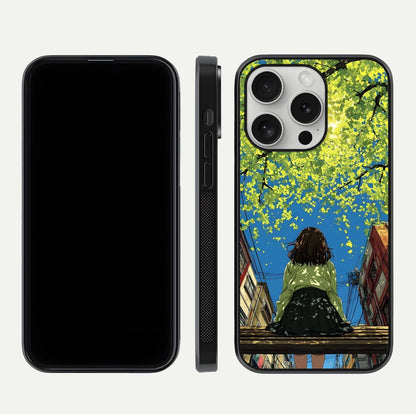 Golden Leaves Glow Glass Case for iPhone 16 Pro front and back view layout highlighting glowing tones and curved edges