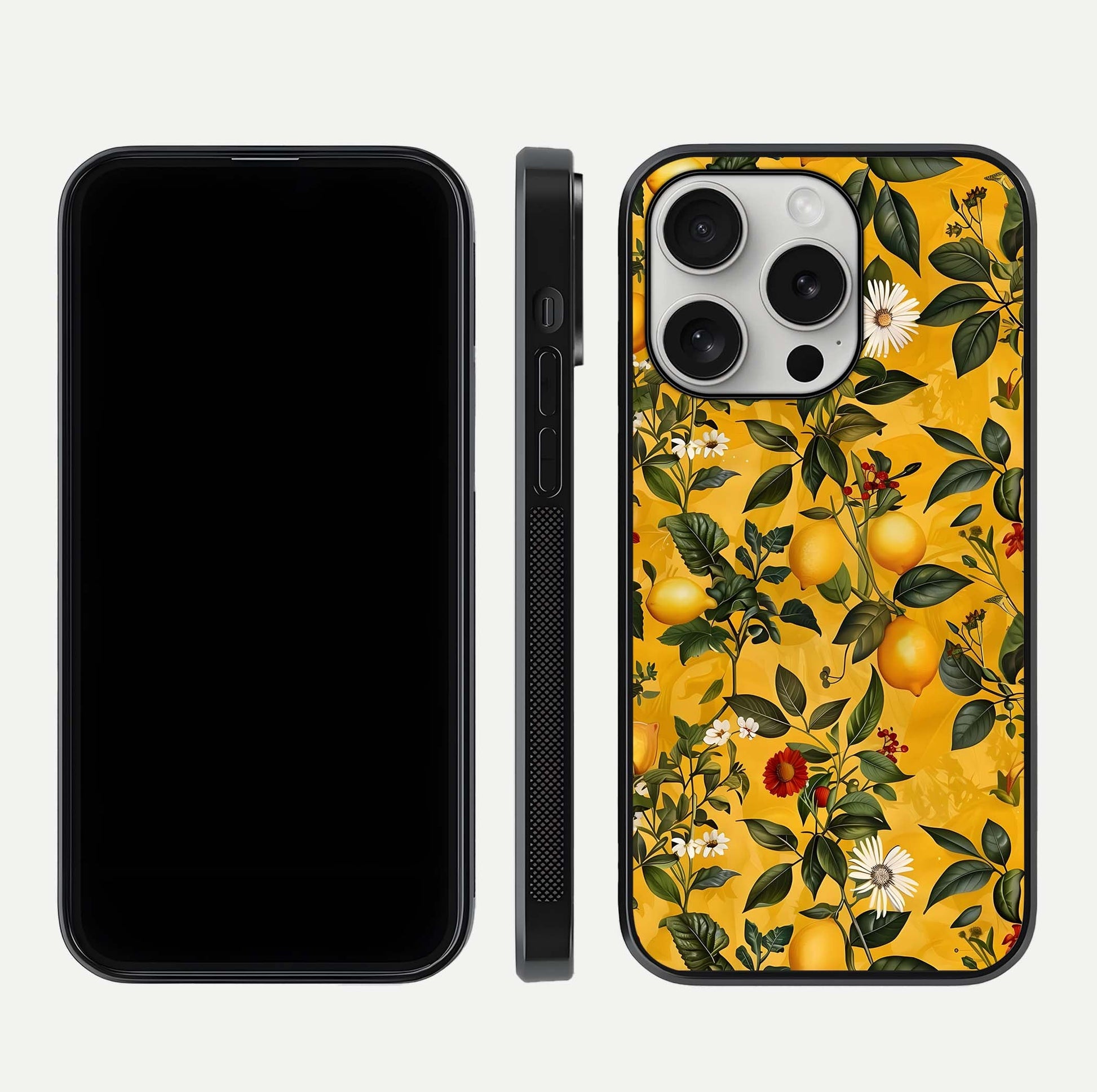 Golden Lemon Field Glass Case for iPhone 16 Pro front and back view layout highlighting fruity tones and curved glass edges