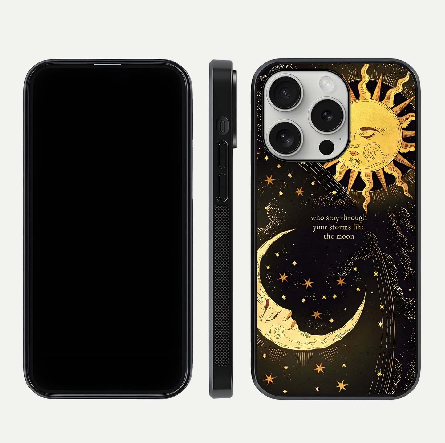 Golden Lunar Love Glass Case for iPhone 16 Pro front and back view layout highlighting celestial tones and curved edges