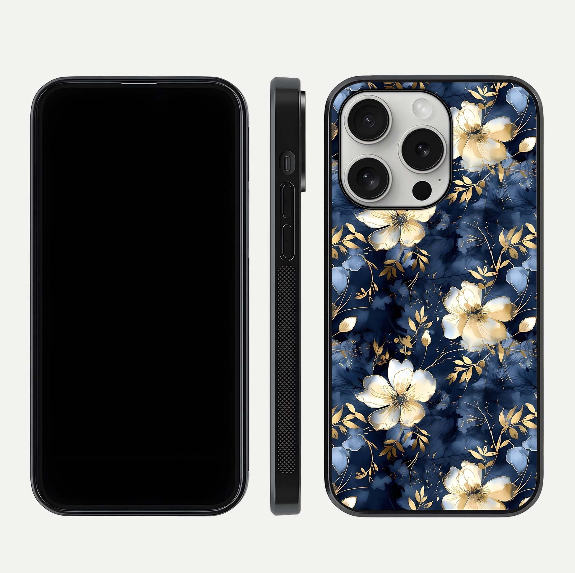 Golden Midnight Bloom Glass Case for iPhone 16 Pro front and back view layout highlighting dark-gold tones and smooth curves