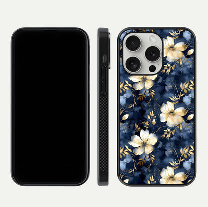 Golden Midnight Bloom Glass Case for iPhone 16 Pro front and back view layout highlighting dark-gold tones and smooth curves