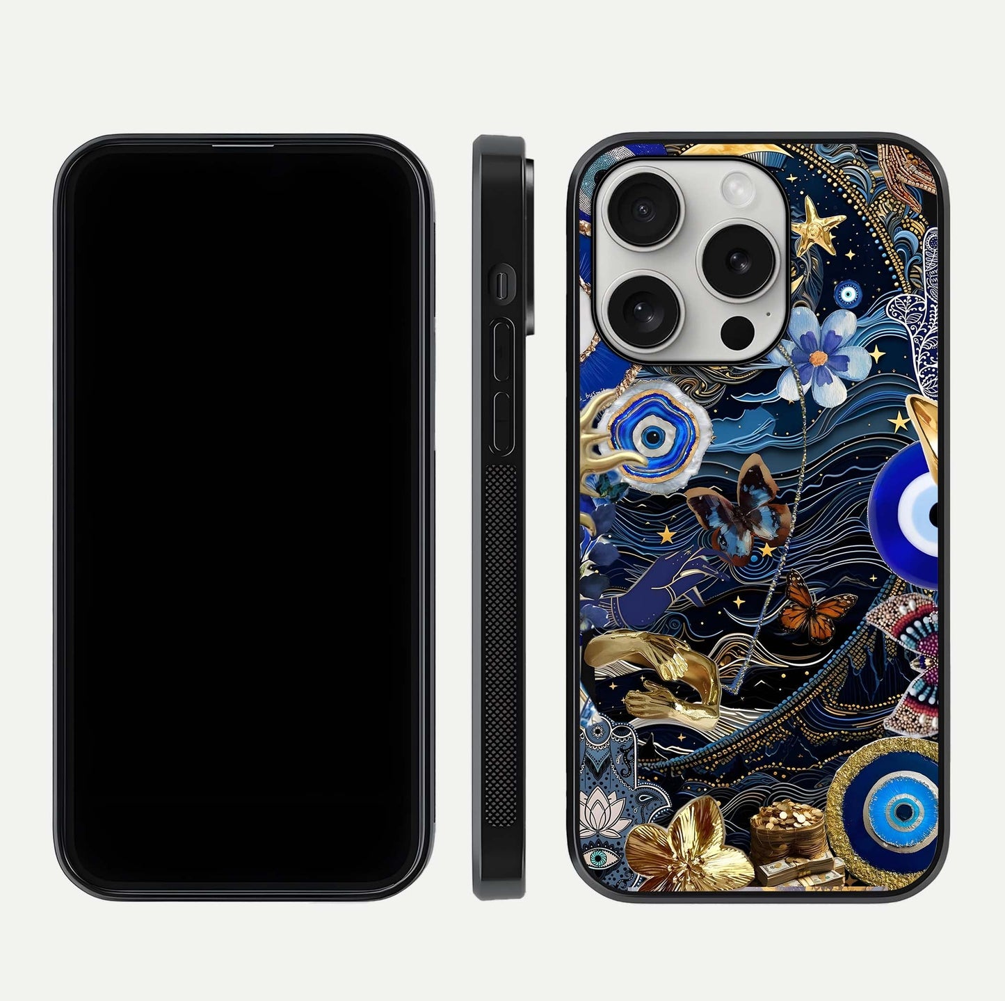Golden Moon Magic Glass Case for iPhone 16 Pro front and back view layout highlighting celestial tones and curved glass