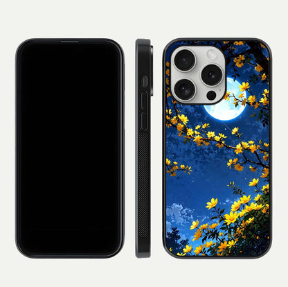 Golden Night Glow Glass Case for iPhone 16 Pro front and back view layout displaying metallic glow and curved glass edge
