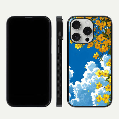 Golden Petal Sky Glass Case for iPhone 16 Pro front and back view layout highlighting floral pattern and curved glass edges