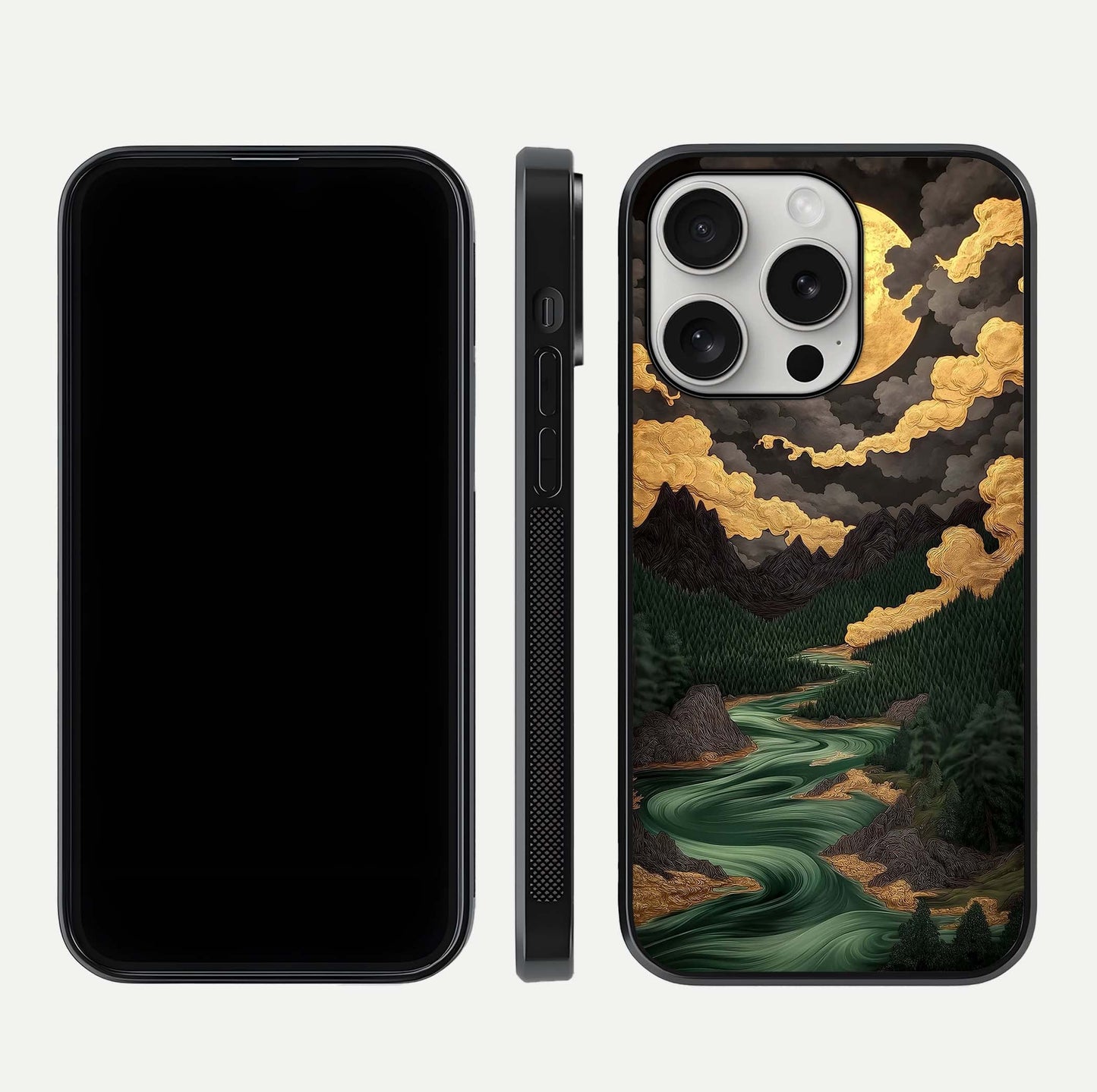 Golden River Moon Glass Case for iPhone 16 Pro front and back view layout displaying celestial glow and smooth curves