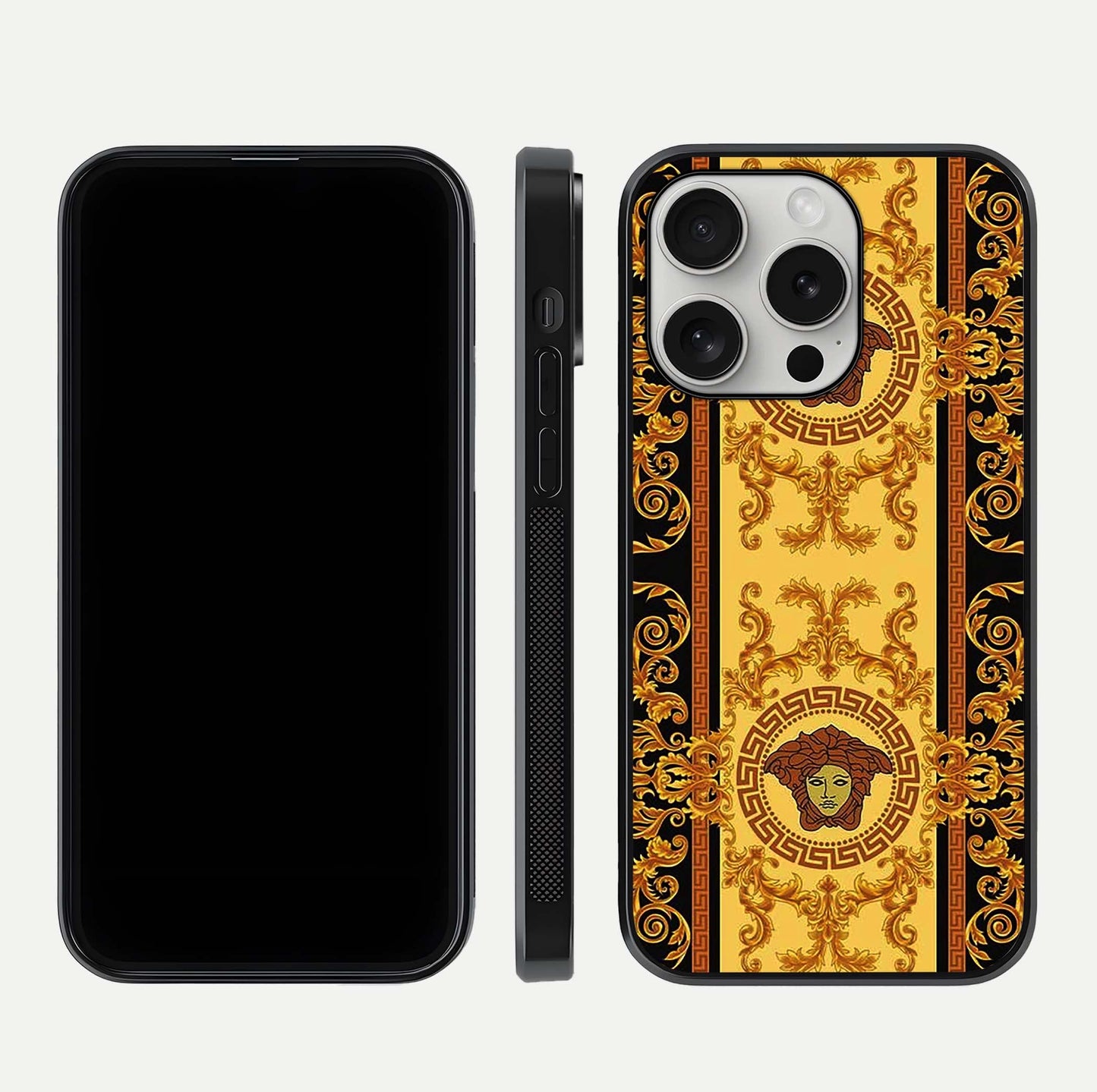 Golden Royal Heritage Glass Case for iPhone 16 Pro front and back view layout displaying ornate gold texture and curved edges