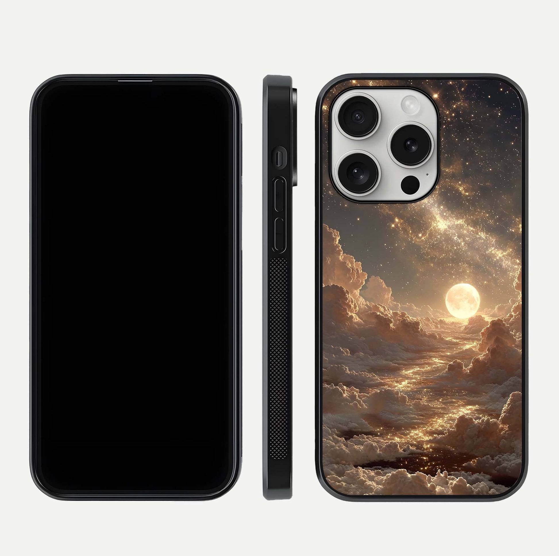 Golden Sky Dream Glass Case for iPhone 16 Pro front and back view layout highlighting celestial gold hues and curved glass