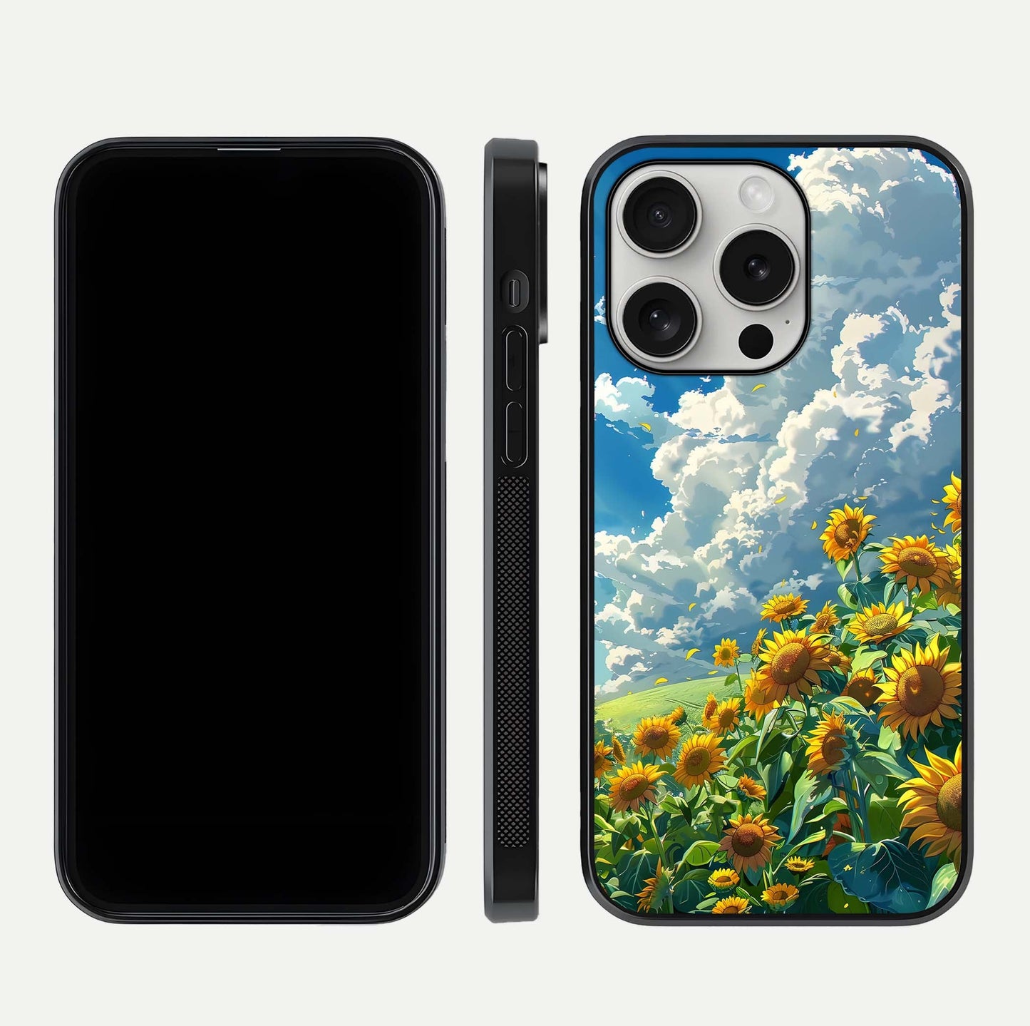 Golden Sun Glory Glass Case for iPhone 16 Pro front and back view layout displaying bright golden tones and curved edges