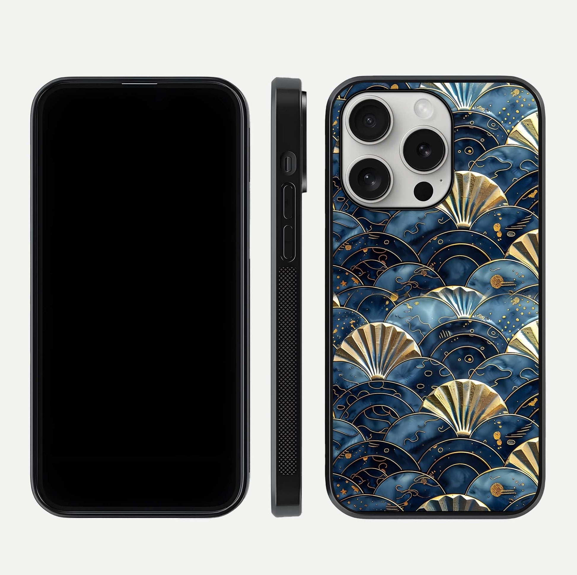 Golden Wave Luxe Glass Case for iPhone 16 Pro front and back view layout highlighting fluid gold design and curved glass