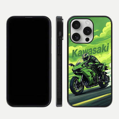 Green Kawasaki Glass Case for iPhone 16 Pro front and back view layout highlighting vivid green tones and curved glass edges