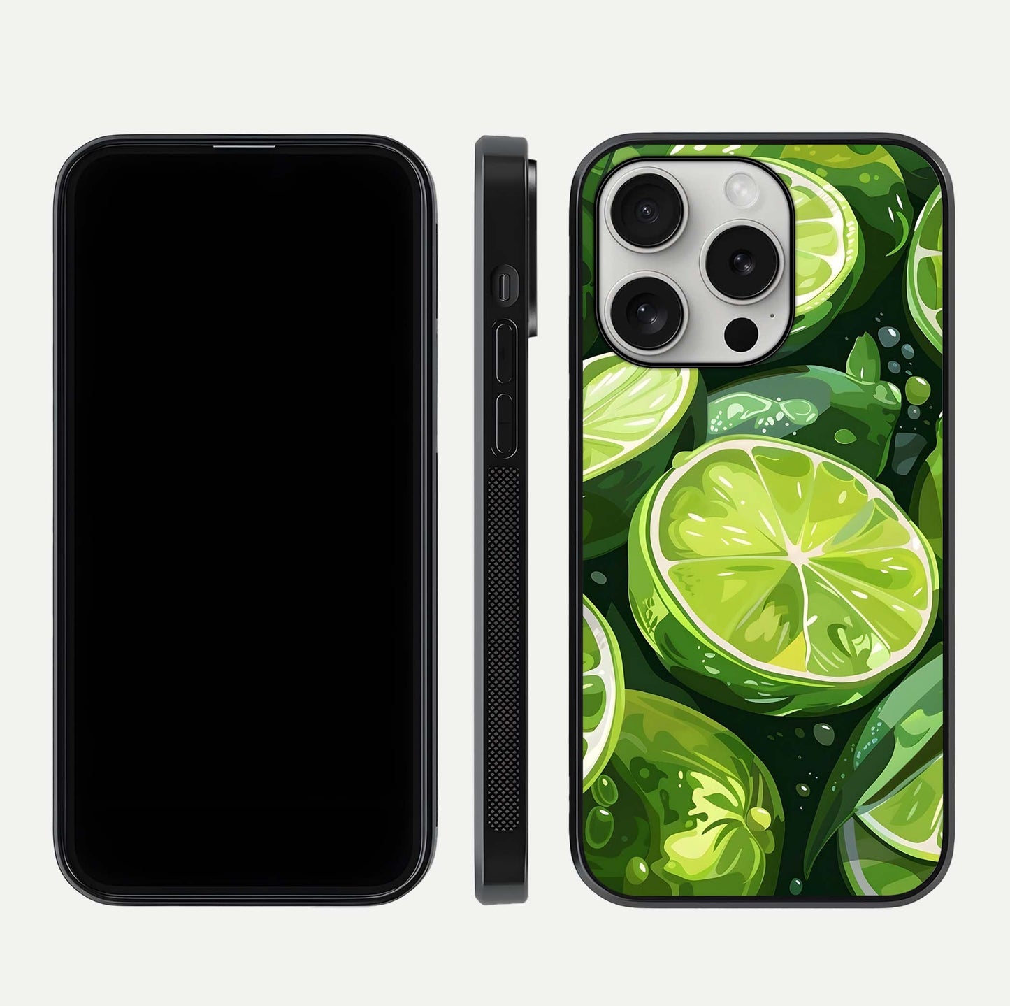 Green Lemon Glass Case for iPhone 16 Pro front and back view layout displaying vibrant yellow-green hues and smooth edges