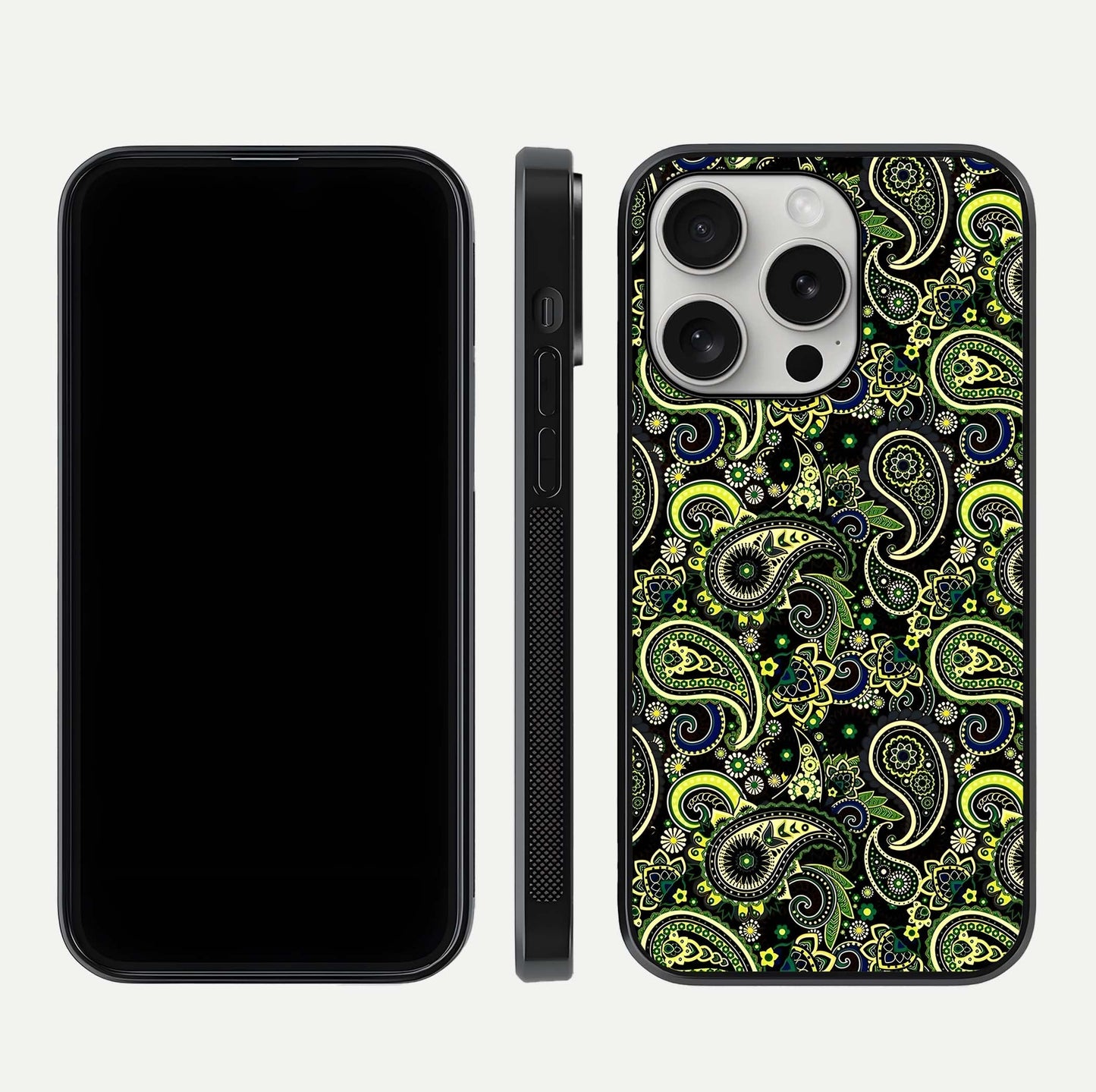 Green Mandala Pattern Glass Case for iPhone 16 Pro front and back view layout highlighting geometric art and curved glass