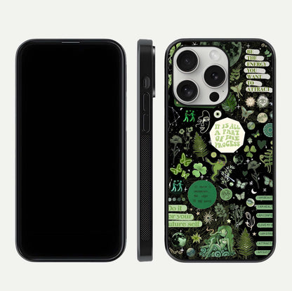 Green Moon Energy Glass Case for iPhone 16 Pro front and back view layout highlighting cosmic tones and smooth edges