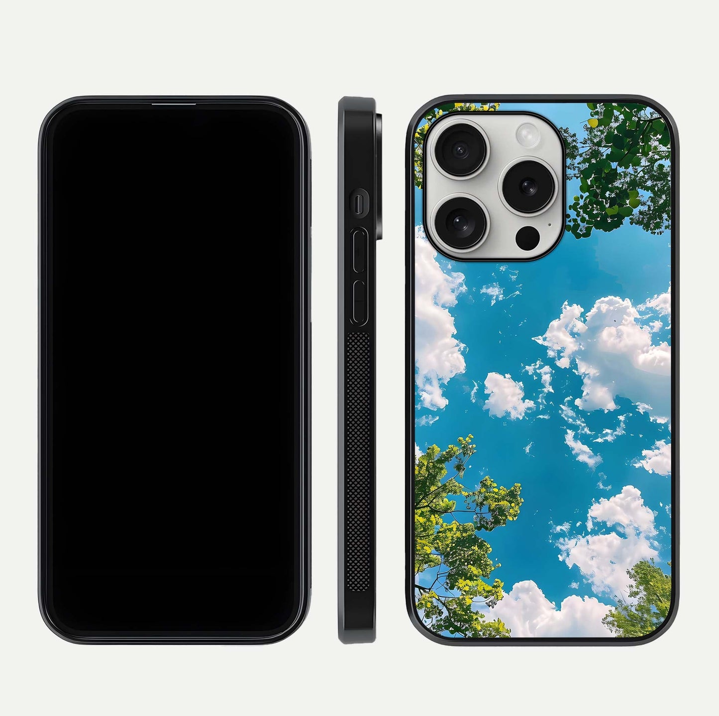Greenery Sky Glass Case for iPhone 16 Pro front and back view layout displaying scenic green-blue gradient and curved edges