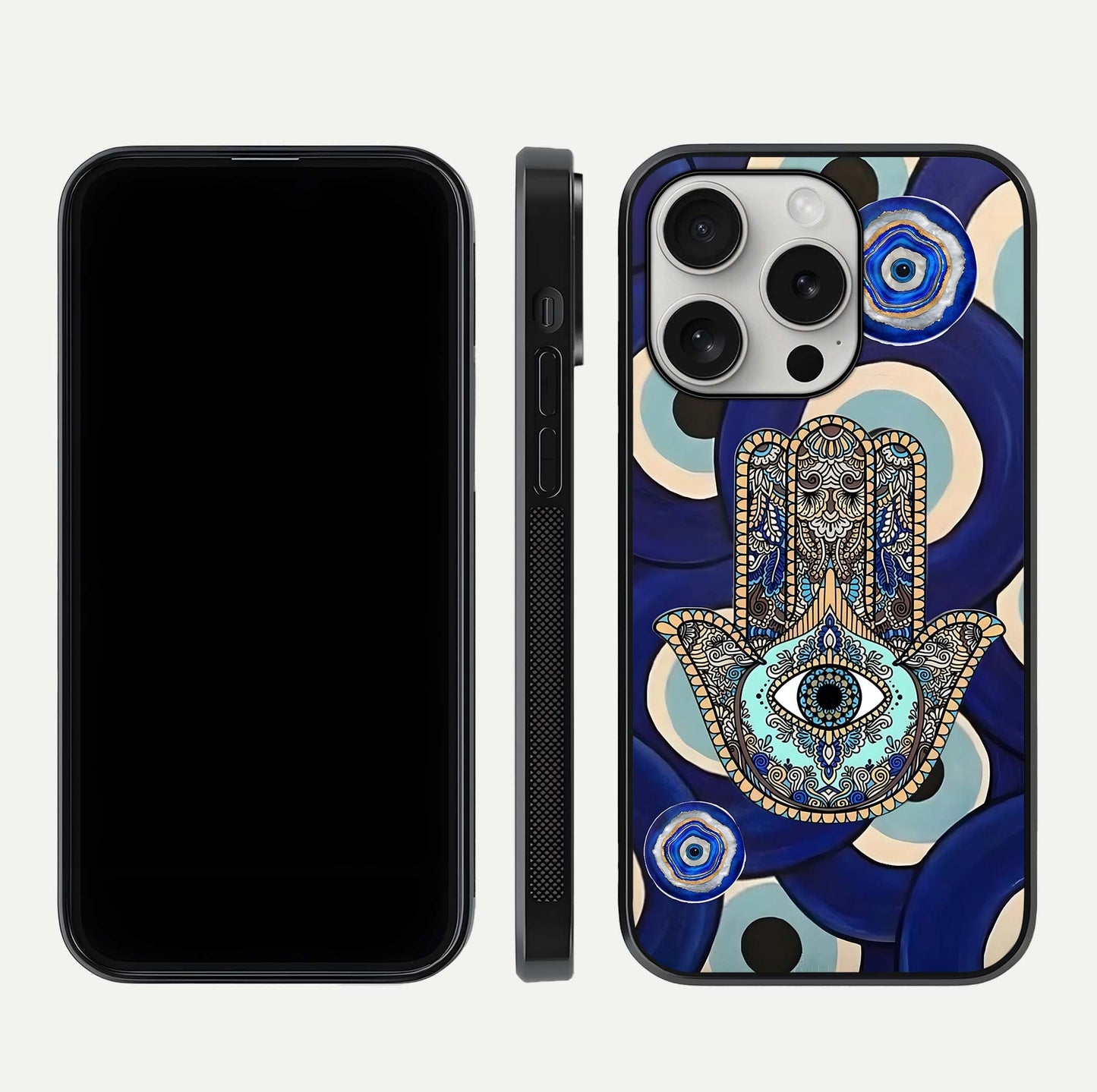 Hamsa Divine Guard Glass Case for iPhone 16 Pro front and back view layout highlighting spiritual artwork and smooth edges