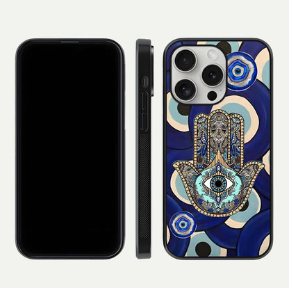 Hamsa Divine Guard Glass Case for iPhone 16 Pro front and back view layout highlighting spiritual artwork and smooth edges