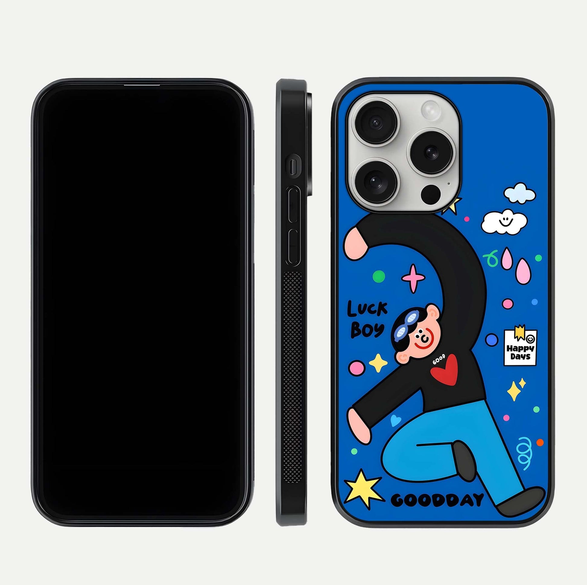 Happy Luck Vibe Glass Case for iPhone 16 Pro front and back view layout highlighting positive motif and curved edges