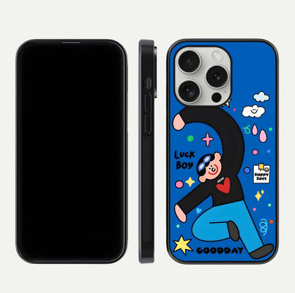 Happy Luck Vibe Glass Case for iPhone 16 Pro front and back view layout highlighting positive motif and curved edges