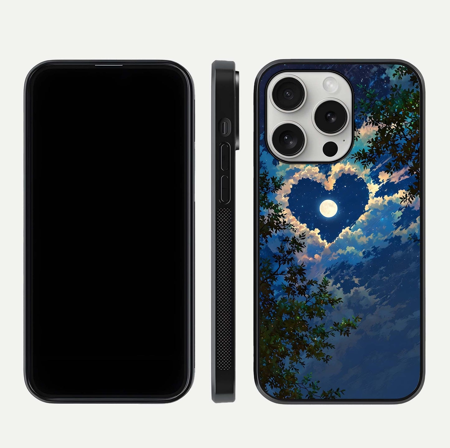 Heart with Moon Sky Glass Case for iPhone 16 Pro front and back view layout displaying celestial tones and curved glass