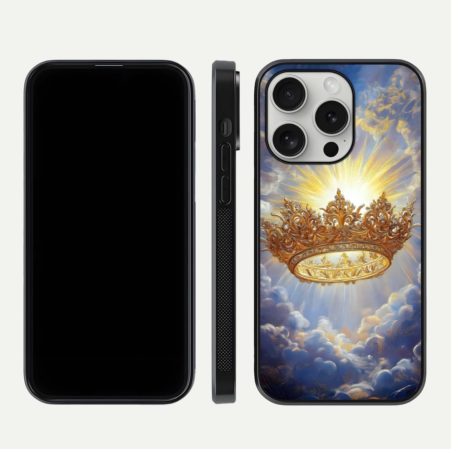 Heavenly Crown Light Glass Case for iPhone 16 Pro front and back view layout highlighting golden aura tones and curved glass edges