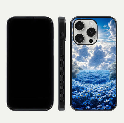 Heavenly Daisy Horizon Glass Case for iPhone 16 Pro front and back view layout highlighting floral field tones and curved edges